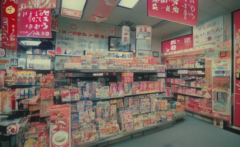 Image similar to japanese convenient store after midnight, 1 9 9 0 s, empty, television screens with static noise, bright fluorescent light