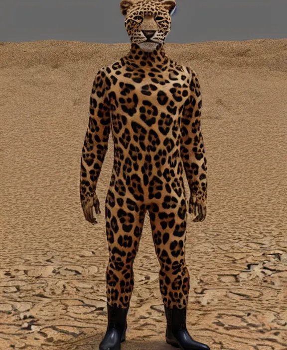 Prompt: realistic 3 d render 🐆 photorealistic fullbody 🐆 👨 art portrait, strapping boots on and suiting up, getting ready for roughneck work, martian mining ⛏ colony, a handsome ♂ leopard furry, long fluffy tail