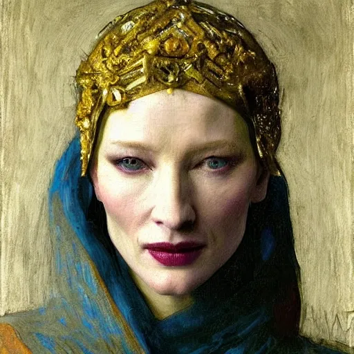 Prompt: cate blanchett by Annie Swynnerton and Nicholas Roerich and Vermeer, strong dramatic cinematic lighting , ornate headdress , lost civilizations, smooth, sharp focus, extremely detailed