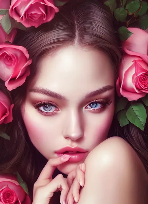 Image similar to a gorgeous female photo, professionally retouched, soft lighting, holding a bouquet of roses, realistic, smooth face, perfect eyes, wide angle, sharp focus on eyes, 8 k high definition, insanely detailed, intricate, elegant, art by artgerm and wlop