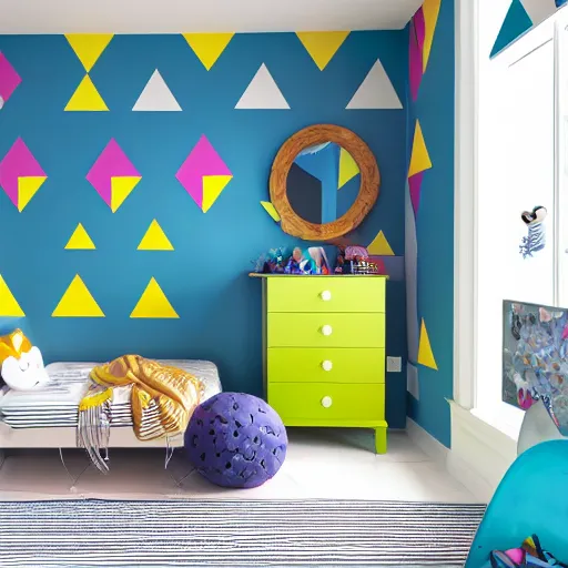 Image similar to furnishing catalog photography, children's room. The walls are decorated with triangles of all colors that explode towards the ceiling