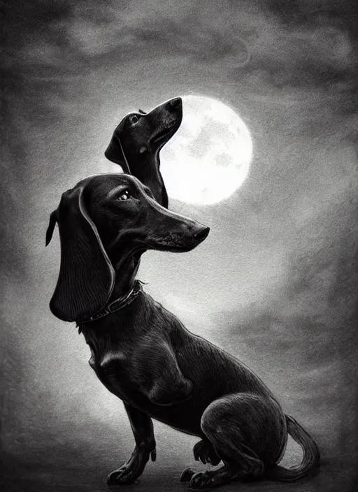 Prompt: a dachshund howling at the moon dark colors, sinister atmosphere, dramatic lighting, cinematic, establishing shot, extremely high detail, photo realistic, cinematic lighting, pen and ink, intricate line drawings, by Yoshitaka Amano, Ruan Jia, Kentaro Miura, Artgerm, post processed, concept art, artstation, matte painting, style by eddie mendoza, raphael lacoste, alex ross