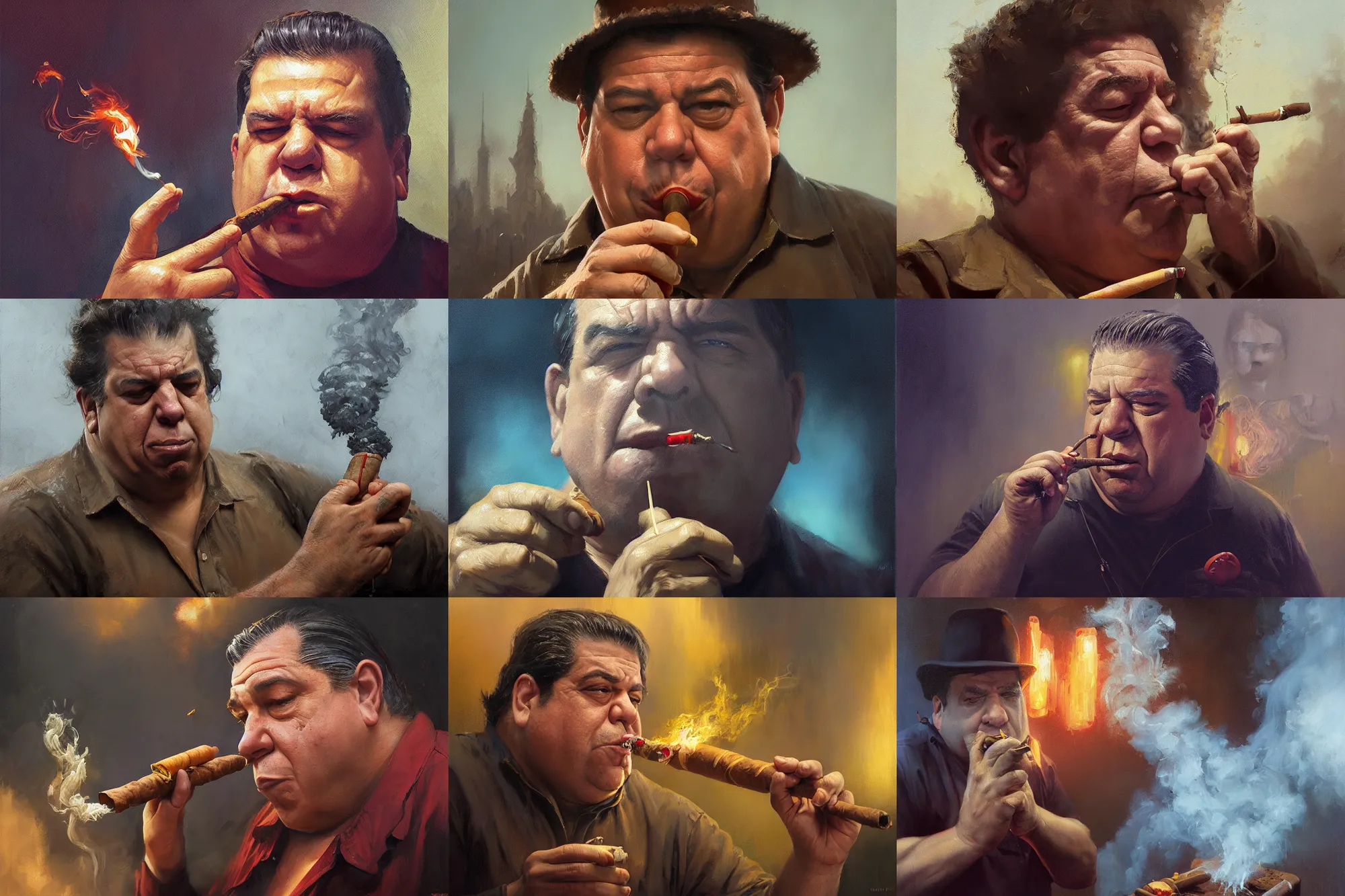 Prompt: an oil painting of uncle joey diaz smoking a cuban cigar, ultra realistic, highly detailed, masterpiece, cinematic by greg rutkowski, frank frazetta, beeple, christian macnevin, beeple, wlop, krenz cushart, epic fantasy character art, volumetric lighting, cgsociety