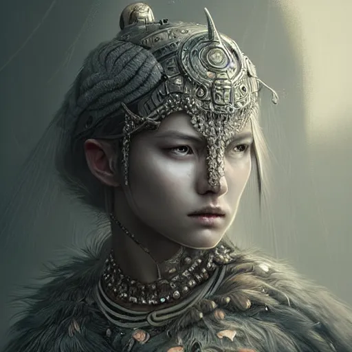 Image similar to beautiful extremely detailed intricate concept art depicting a warrior by wlop. shining jewelry. grey atmosphere. bcy. net