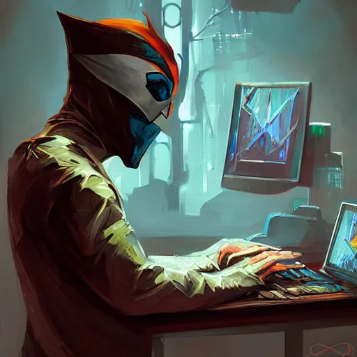 Image similar to a masked superhero wearing a costume sitting at the computer nervously clicking on the mouse in the style of peter mohrbacher