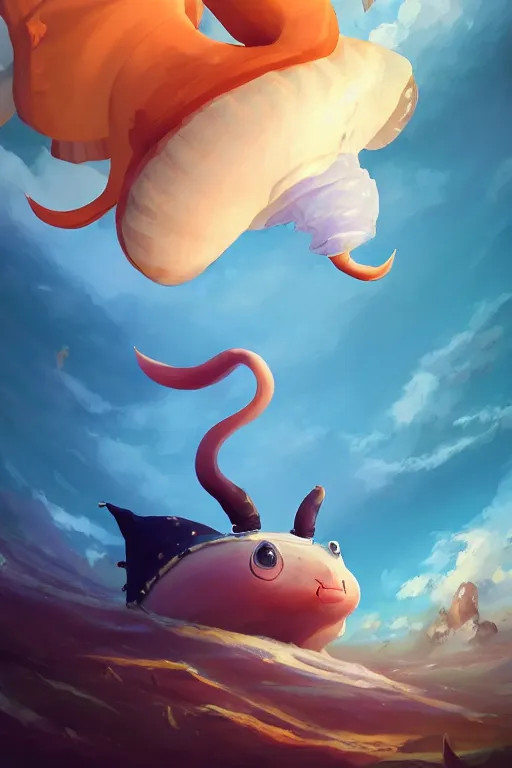 Image similar to a very cute sea slug with long horns, by rhads, makoto shinkai and lois van baarle, johannes voss, low angle fisheye view, sky whith plump white clouds, elegant, highly detailed, artstation, 8 k, unreal engine, hdr, concept art, volumetric lighting matte