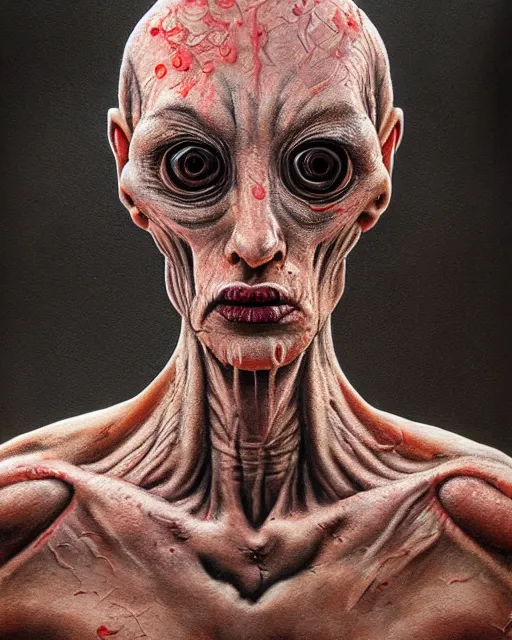 Image similar to Haunting horrifying hyperrealistic detailed painting of a tall slim flesh extraterrestrial creature made of concrete stone brick, covered in, heavy metal, disgusting, creepy, unsettling, and bloodshot eyeballs, hyper detailed, trending on Artstation