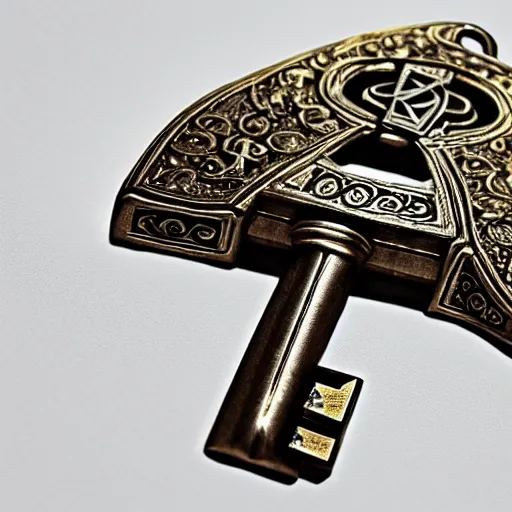 Image similar to a large ornate key with gems and engraved runes, d & d, photo