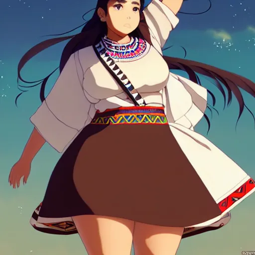 Image similar to a beautiful! plus sized native women instagram model, brown skin, wearing elegant catholic school girl designer fashion with mayan pattern and native style, aztec street fashion, gapmoe yandere grimdark, trending on pixiv fanbox, painted by greg rutkowski makoto shinkai takashi takeuchi studio ghibli, akihiko yoshida