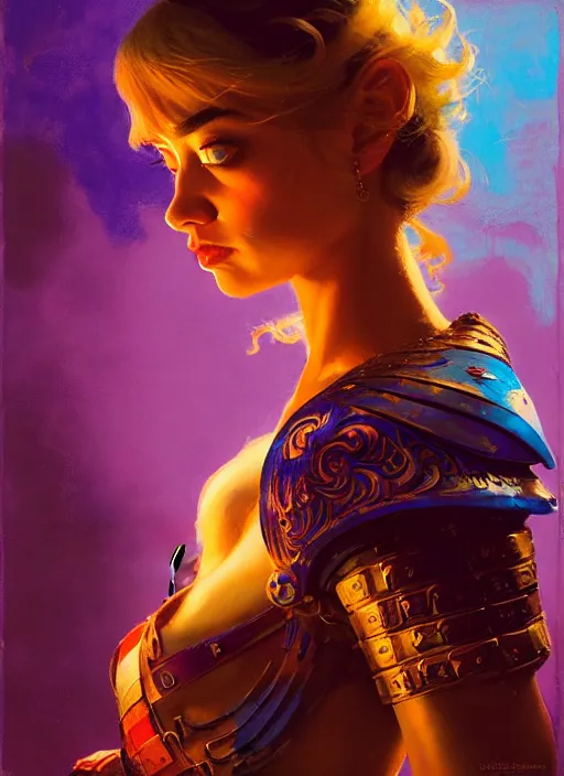 Prompt: side portrait, imogen poots, paladin, gloomhaven, colorful gaudy colors, luminescent, hard edges, organic painting, by greg manchess, huang guangjian, gil elvgren, greg rutkowski, jesper ejsing, magali villeneuve, artgerm, ilya kuvshinov