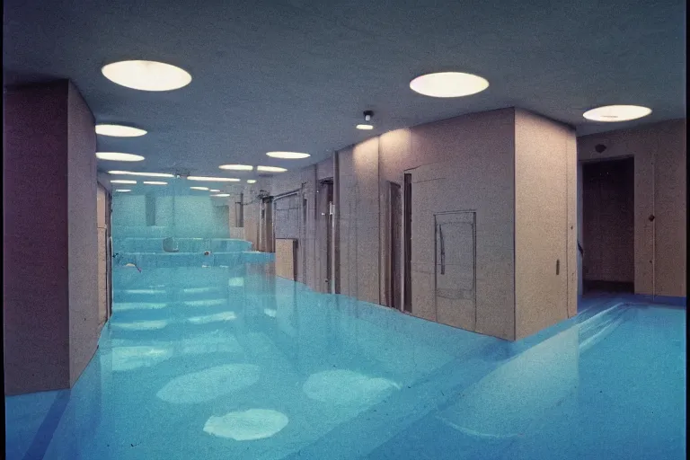 Prompt: underwater footage of a non - euclidean, geometric tiled swimming pool hallways into infinity, library, cube portals, 1 9 6 0 s, color bleed, ektachrome photograph, volumetric lighting, f 8 aperture, cinematic eastman 5 3 8 4 film stanley kubrick