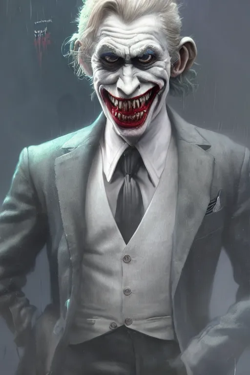 Prompt: miniature Joker but he's an ape kid in a business suit, realistic and ultra intricate detailed soft painting, volumetric lighting, mist, Artstation, Tom Bagshaw Yasushi Nirasawa Moebius artstyle, unreal render, depth of field