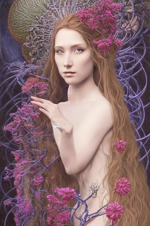 Image similar to portrait of a young female wizard in flowing sensual dress, long fine flowing hair, delicate, looking at camera, slight nerdy awkward smile, realistic face, stylish, elegant, grimdark fantasy, flowers, extremely detailed painting inspired by Gerald Brom and Ernst Haeckel and Carvaggio , studio lighting