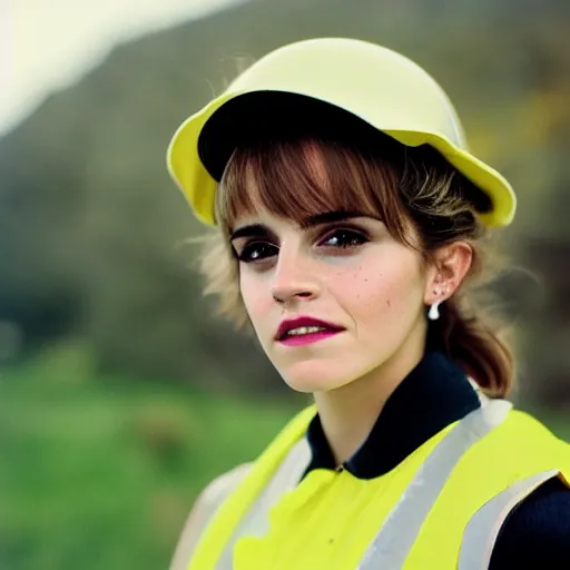 Prompt: photo, close up, emma watson in a hi vis vest, chewing tobacco, bump in lower lip, portrait, kodak gold 2 0 0,