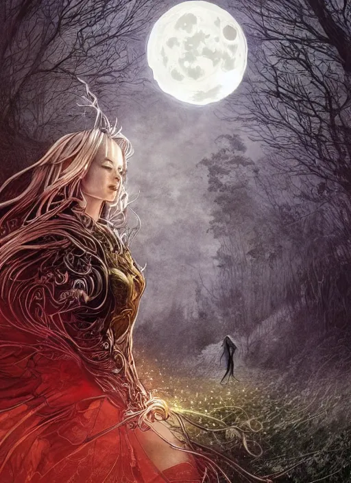 Image similar to glowing silver and golden elements, portrait, A beautiful dark witch in front of the full big moon, book cover, green forest, red white black colors, establishing shot, extremly high detail, foto realistic, cinematic lighting, pen and ink, intricate line drawings, by Yoshitaka Amano, Ruan Jia, Kentaro Miura, Artgerm, post processed, concept art, artstation, matte painting, style by eddie, raphael lacoste, alex ross