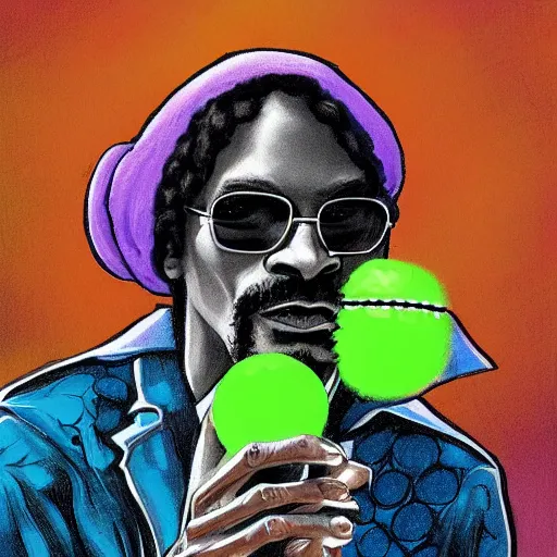 Image similar to snoop dogg tennis ball monster ,tennis ball, digital art, smoke, fantasy,chalk, magic, trending on artstation, ultra detailed, professional illustration by Basil Gogos