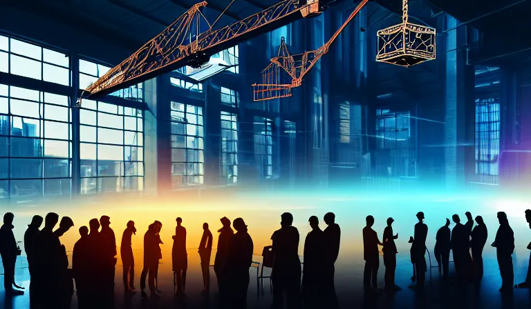 Image similar to group of people in simple warehouse, looking at hologram of futuristic city on a table, cinematic concept art, godrays, golden hour, natural sunlight, 4 k, clear details, tabletop model buildings, center model buildings, hologram center, crane shot, crane shot, crane shot