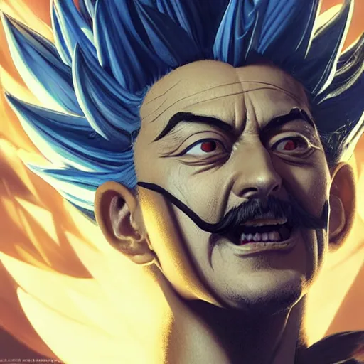 Image similar to salvador dali super saiyan, cinematic lighting, highly detailed, concept art, art by wlop and artgerm and greg rutkowski, masterpiece, trending on artstation, 8 k