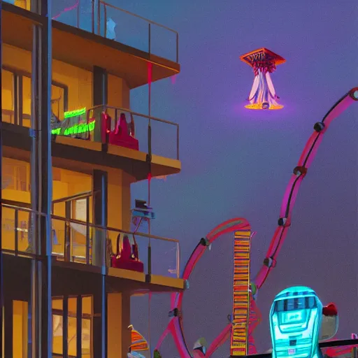 Image similar to a man standing in a futuristic penthouse apartment looking out onto an endless horror amusement park, artwork by simon stalenhag