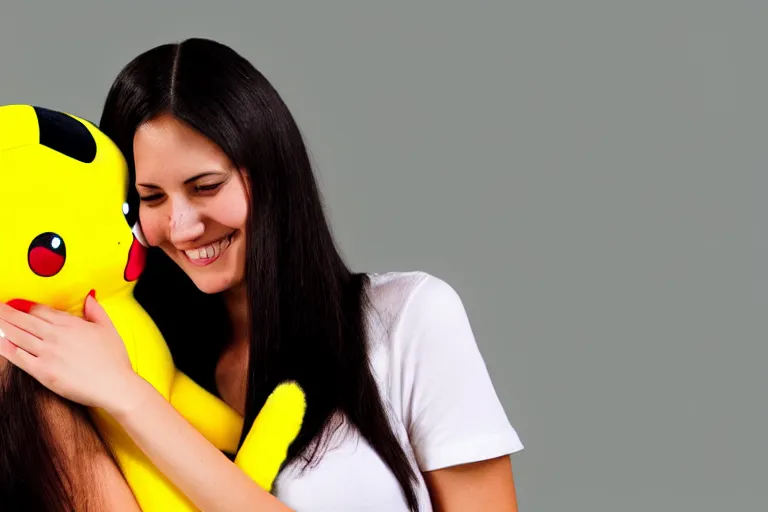 Image similar to a young skinny woman with long dark hair hugging a pikachu