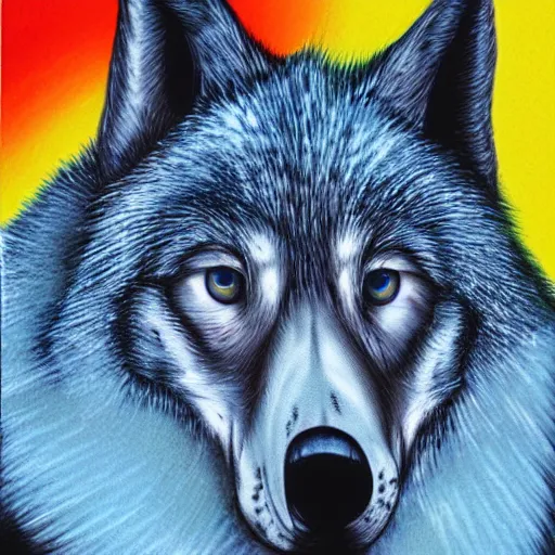 Image similar to portrait of retarded wolf, eyes in different directions, vivid colors, very poor, propaganda style