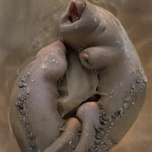 Prompt: a new mother is holding her baby for the first time when she notices something wrong. the baby's skin is peeling off, revealing a mass of writhing tentacles beneath. as the mother watches in horror, the tentacles begin to detach from the baby's body and slither away, hyperrealism, war photography, 4 k