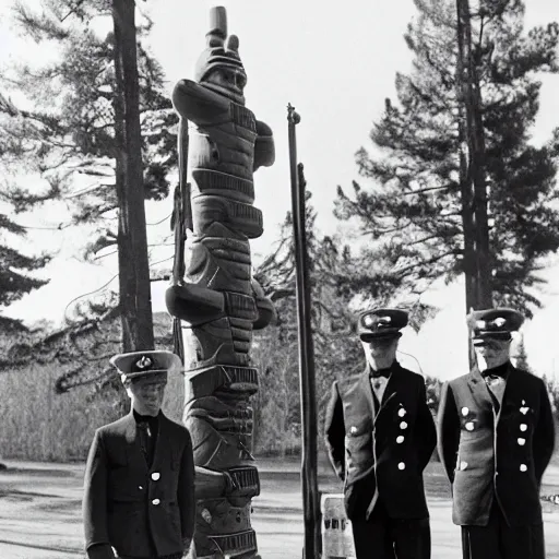 Image similar to us navy officers standing around a totem pole