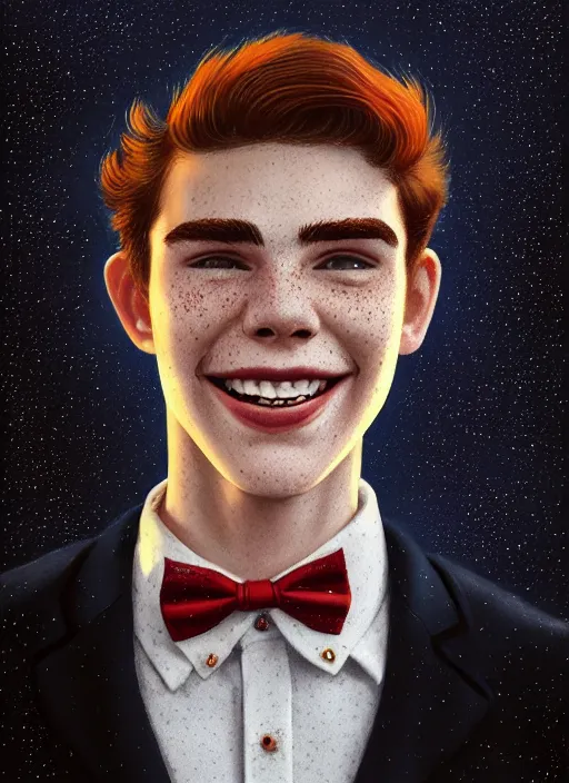 Image similar to portrait of teenage archie andrews, freckles, curly middle part haircut, curly hair, middle part hairstyle, smiling kindly, wearing a bowtie and sweater vest, intricate, elegant, glowing lights, highly detailed, digital painting, artstation, concept art, smooth, sharp focus, illustration, art by wlop, mars ravelo and greg rutkowski