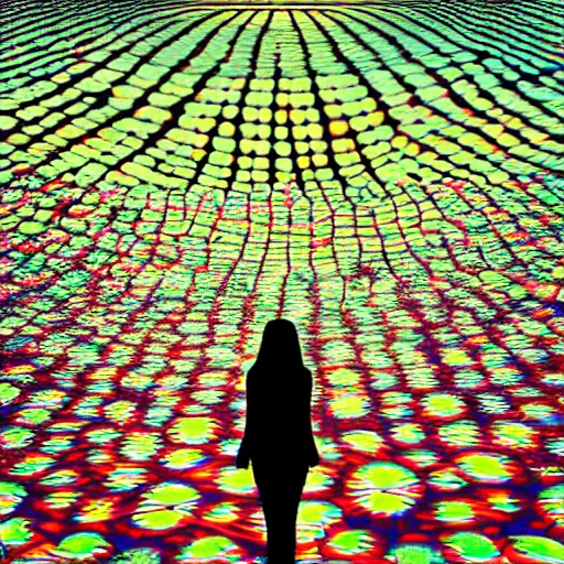 Image similar to a woman standing on steps in a field at night, a hologram by kusama, instagram, optical illusion, full body, ultra hd, neon