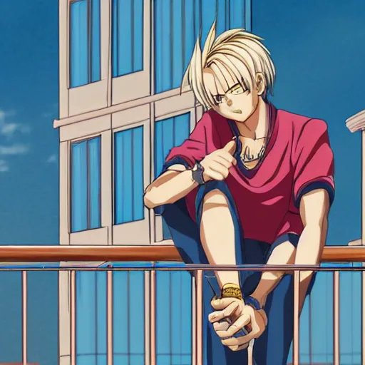 Image similar to trunks sitting on a balcony while listening to music, anime key visual, aesthetic, trending on artstation, 8 k