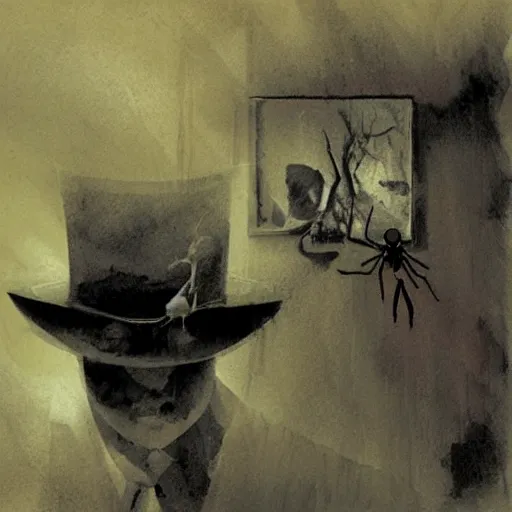 Prompt: A diphenhydramine trip, by Dave McKean, spiders, dark, hat man