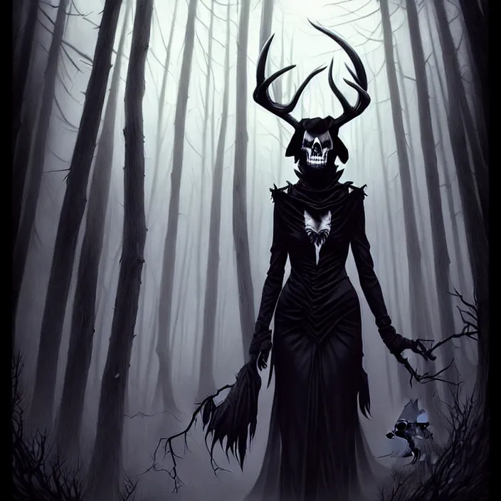 Image similar to style artgerm, joshua middleton, diego fazio, gerald brom, scary wendigo with antlers and skull face mixed with werewolf, beautiful witch wearing a black dress on the right side, in the forest, detailed, dark and foggy, cinematic lighting