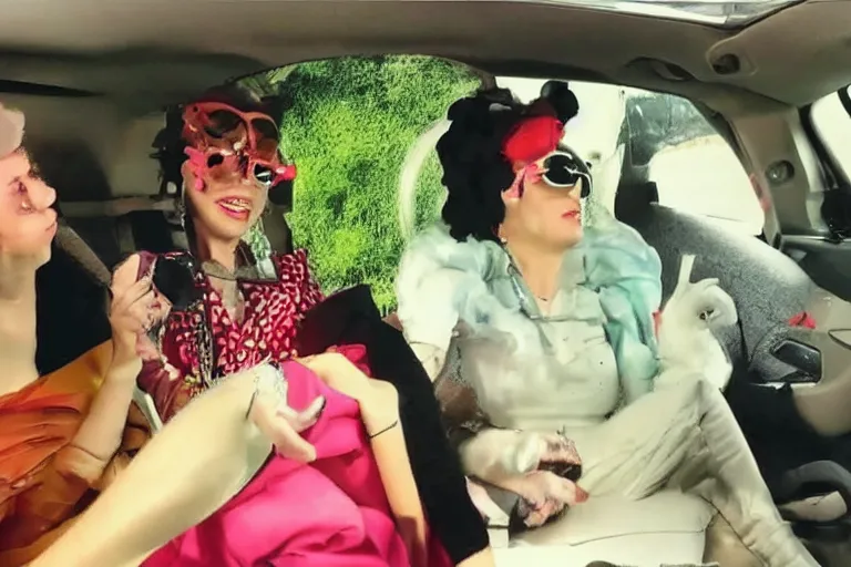 Image similar to lady gaga and judy garland doing carpool karaoke, lady gaga and judy garland, carpool karaoke, lady gaga, judy garland, carpool karaoke, youtube video screenshot, the late late show with james corden