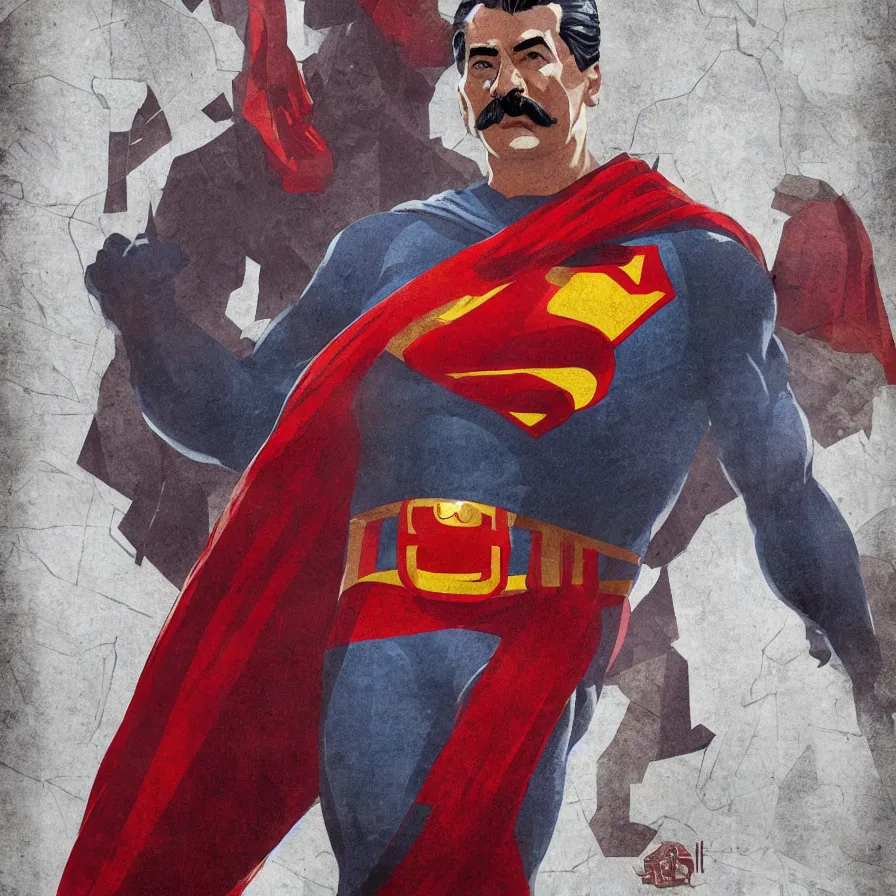 Image similar to stalin as superman red son, leader of the revolution, socialist realism, sovietwave aesthetic, hammer and sickle, groundbreaking, award winning, breathtaking, superb, epic, hyper realistic, detailed picture, intricate digital art, trending artstation, 8 k, unreal engine 5, octane render, vfx, volumetric lighting, rich moody colors, fan art, concept art