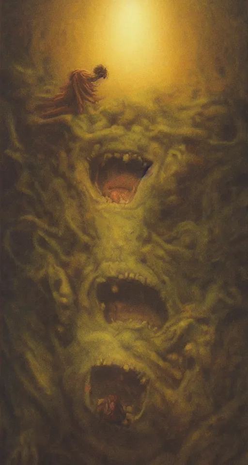 Image similar to Painting in a style of Beksinski featuring a giant baby monster yelling, dramatic lighting, full face, portrait, movie scene, creepy
