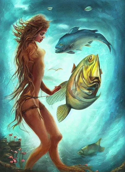 Prompt: fantasy art, animal conceptual artwork, woman with giant fish, surreal painting, illustration dream and imagination concept, mystery of nature,