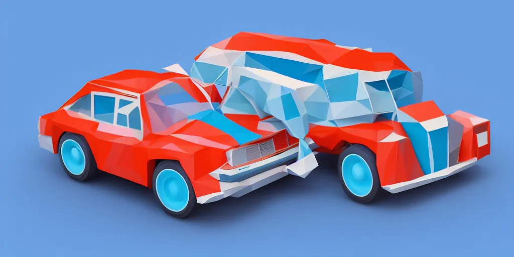 Image similar to a 3d low poly game object of a retro car on the blue background, mobile game