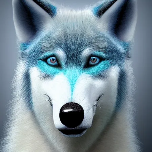 Prompt: pale blue wolf, pale green handkerchief, dark blue hair, dark blue spots, black nose, happy smile having fun, beige ears, beige mane, hyperrealistic, photo realistic, realistic, beautiful white lighting, in the middle of the day, hyperdetailed, very detailed, excellent composition