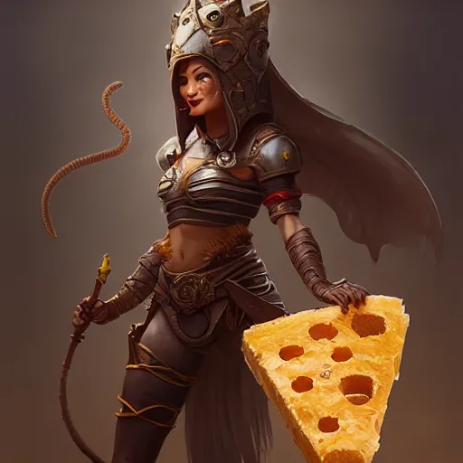 Prompt: rat princess with seductive smile, wears a chees armor, by greg rutkowski, design for magic the gathering, highly detailed, octane render, 4 k