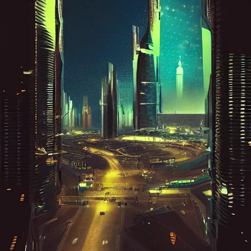 Image similar to a beautiful matte masterpiece of futuristic dubai at night by by atelier olschinsky and moebius, trending on artstation, featured on behance