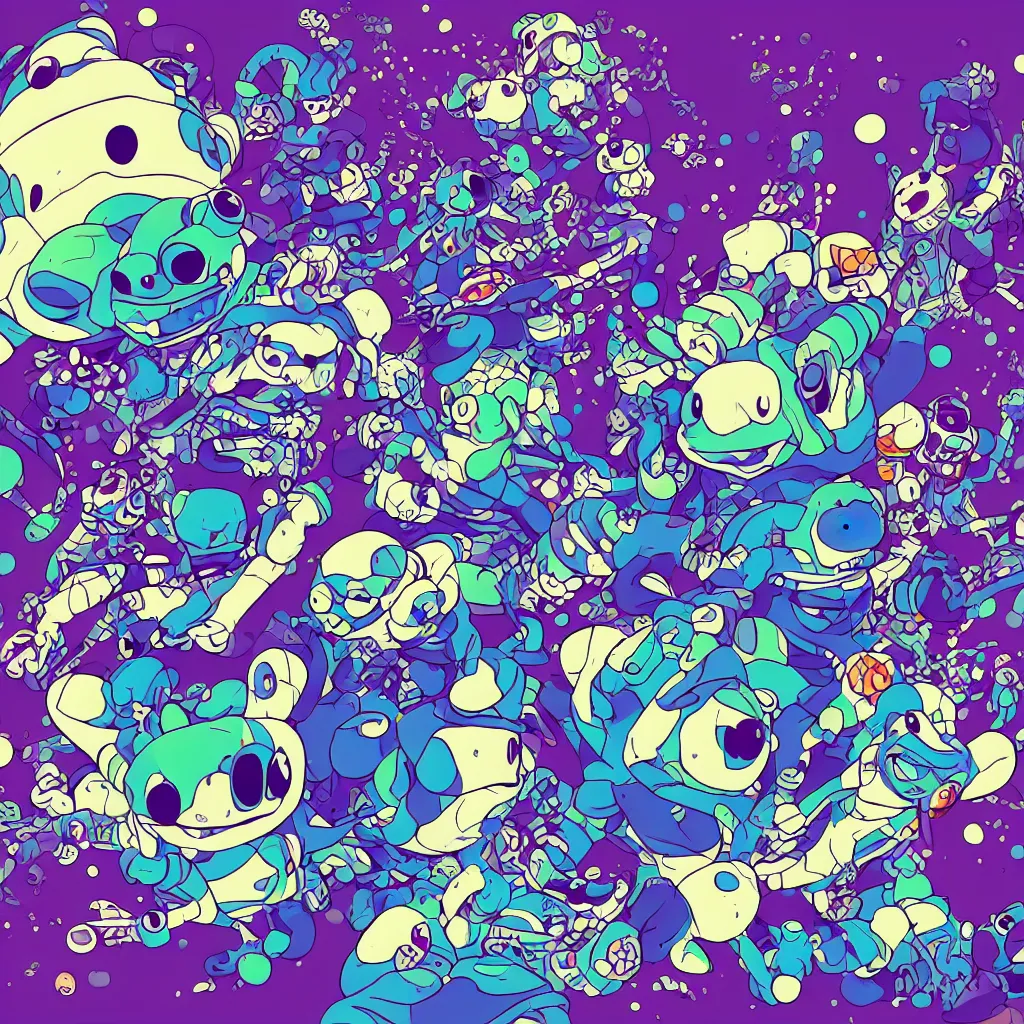 Image similar to toads, frogs, ryuta ueda artwork, breakcore, style of jet set radio, y 2 k, gloom, space, cel - shaded art style, indigo rainbow, data, minimal, takashi murakami artwork, code, cybernetic, dark, eerie, cyber