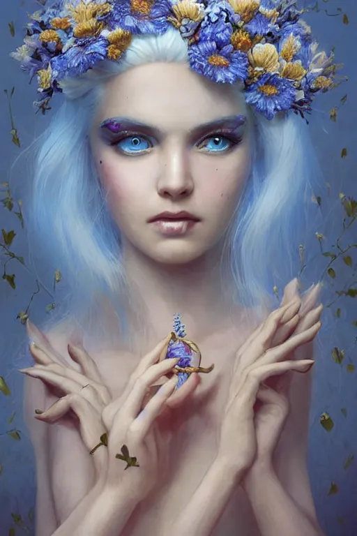 Prompt: a pale girl with white hair wears floral crown, sad blue eyes, cinematic lighting, ultra detailed, highly detailed, sharp focus, golden background with flowers, golden jewellery with blue sapphires, photographic, art by artgerm and greg rutkowski and zdislav beksinski