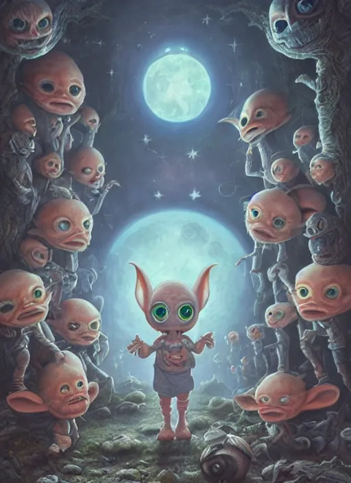 Image similar to highly detailed wide - angle group portrait of cute extraterrestrial goblins in their favorite moonbase, unreal engine, nicoletta ceccoli, mark ryden, earl norem, lostfish, global illumination, detailed and intricate environment