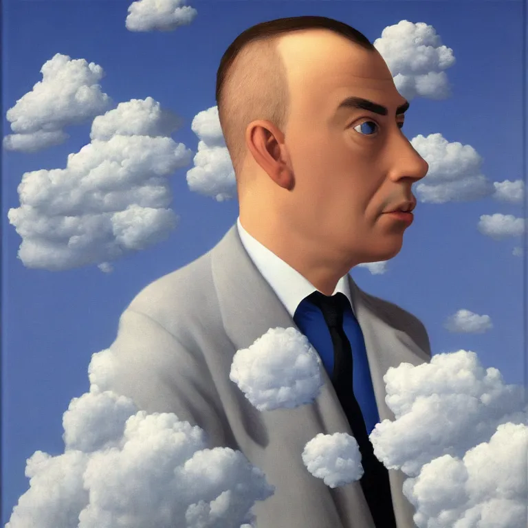 Prompt: portrait of a man made out of clouds in a suit, by rene magritte, detailed painting, hd, hq, high resolution, high detail, 4 k, 8 k