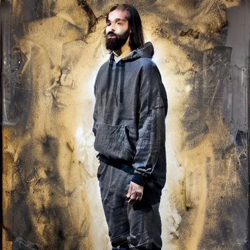 Image similar to a full body portrait of modern day jesus wearing jerry lorenzo streetwear hoodie and pants by nicola samori, oil painting, smudges, realistic, 8 k, adidas sneakers style