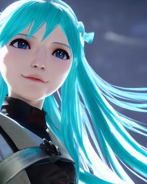 Image similar to Hatsune Miku in the role of Witcher III Gerald of Rivia, amazing short, 8K, IMAX, ultra detailed