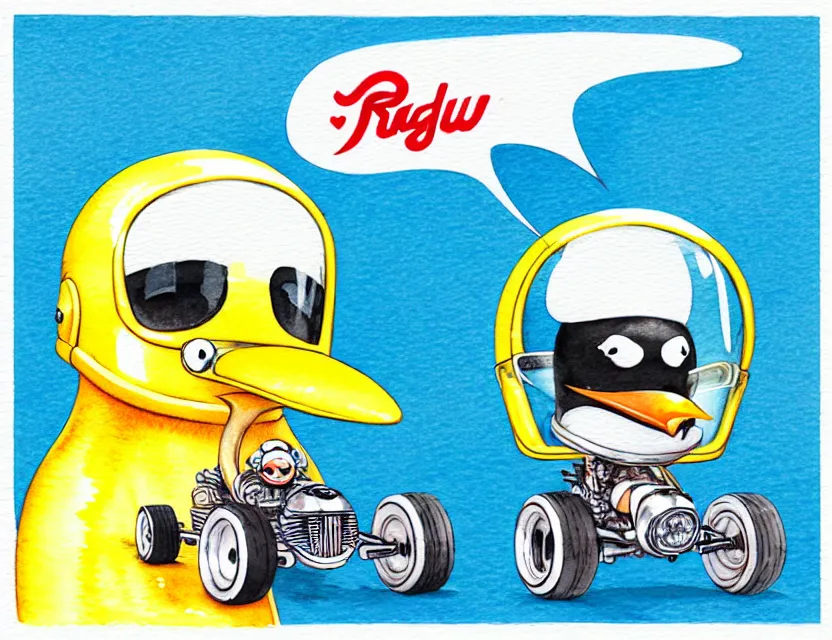 Image similar to cute and funny, penguin wearing a helmet riding in a tiny hot rod with an oversized engine, ratfink style by ed roth, centered award winning watercolor pen illustration, isometric illustration by chihiro iwasaki, edited by range murata, tiny details by artgerm and watercolor girl, symmetrically isometrically centered, sharply focused