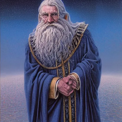 Image similar to majestic wizard with white long beard, blue coat with golden stars ornament, by wayne barlowe