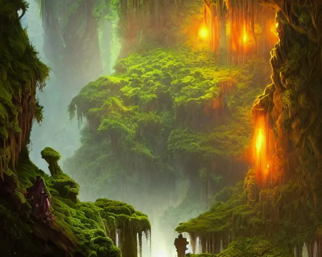 Prompt: mossy cave lit by orange minerals, deep focus, d & d, fantasy, intricate, elegant, highly detailed, digital painting, artstation, concept art, matte, sharp focus, illustration, hearthstone, art by artgerm and greg rutkowski and laura sava and alphonse mucha