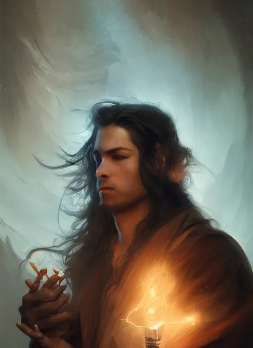 Image similar to side profile of a man with long black hair in brown rags holding a glowing device, fantasy, digital painting, volumetric light, intricate, sharp, focus, bloom, illustration, highly detailed, concept art, matte, ruan jia, randy vargas, greg rutkowski
